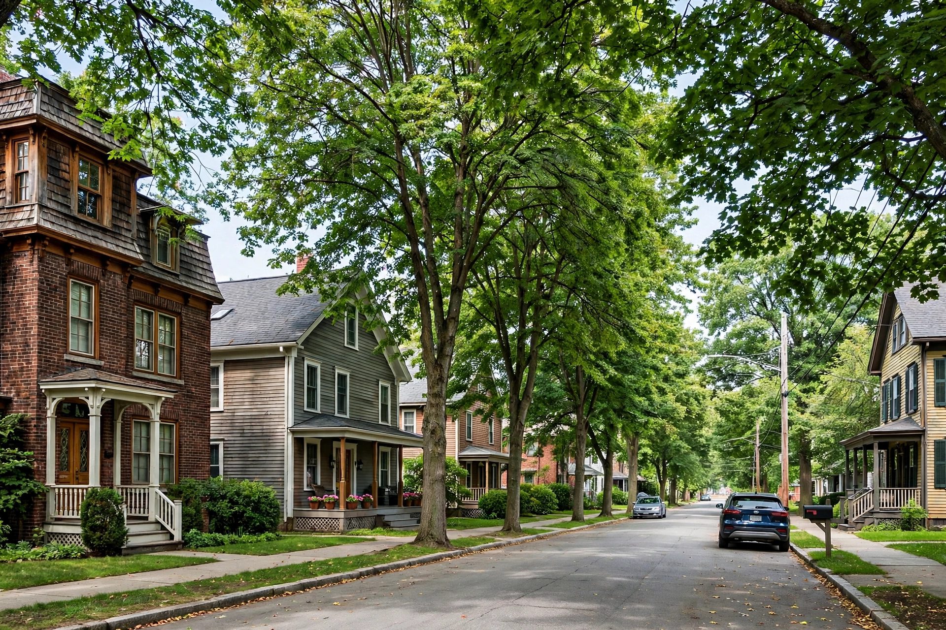 Tree-lined residential street in Cortland, New York