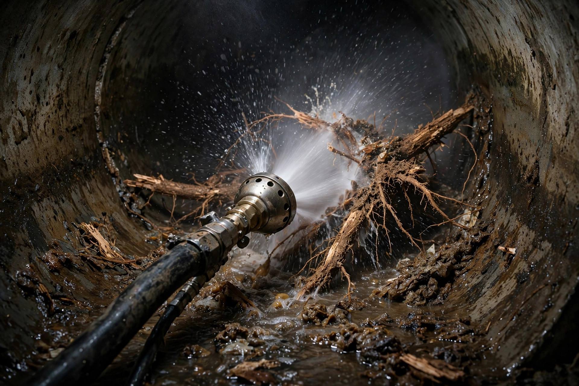 High-pressure hydro-jetter nozzle blasting water inside a sewer pipe