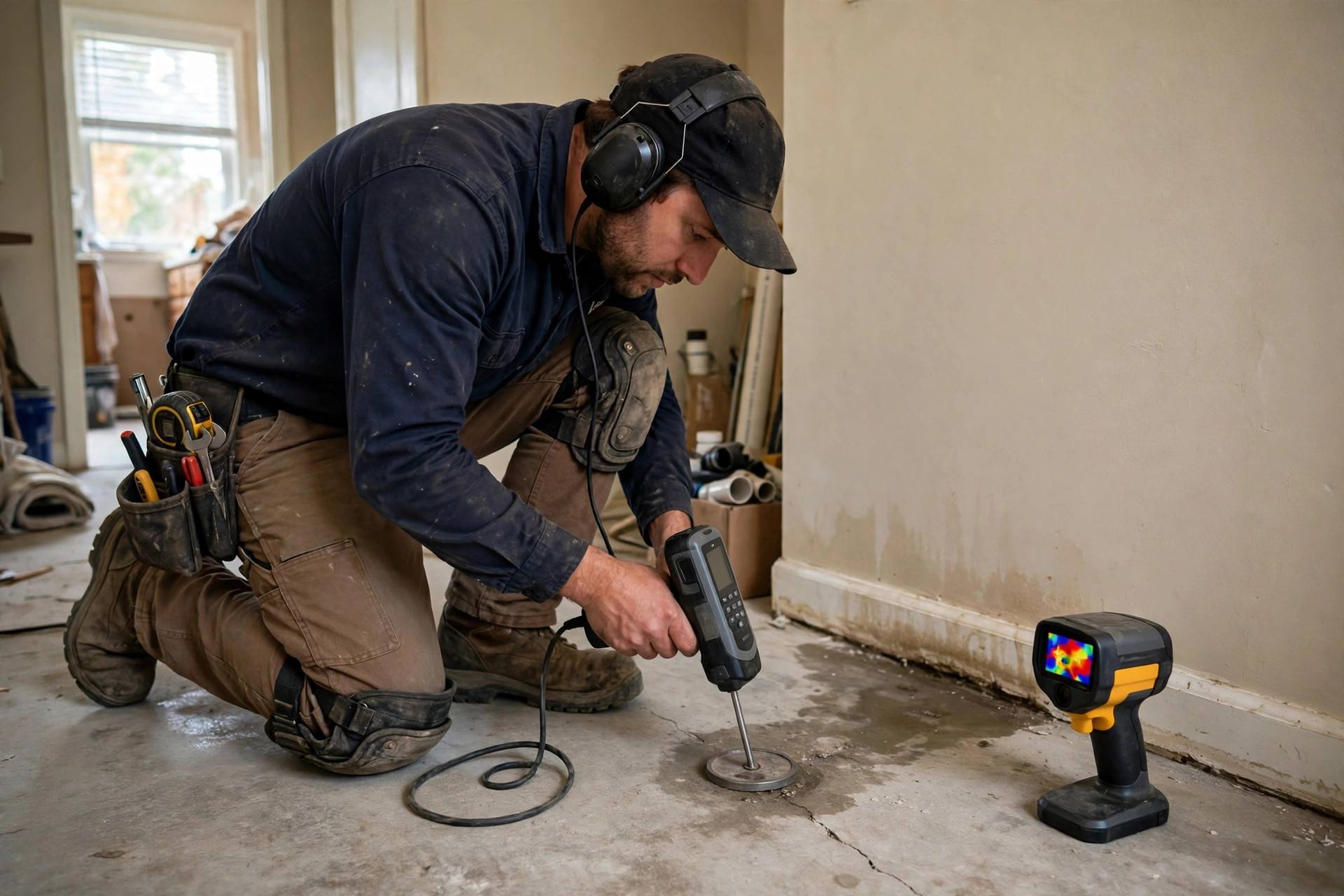 Technician using an electronic acoustic ground microphone and thermal imaging camera to locate a hidden slab leak on a concrete floor