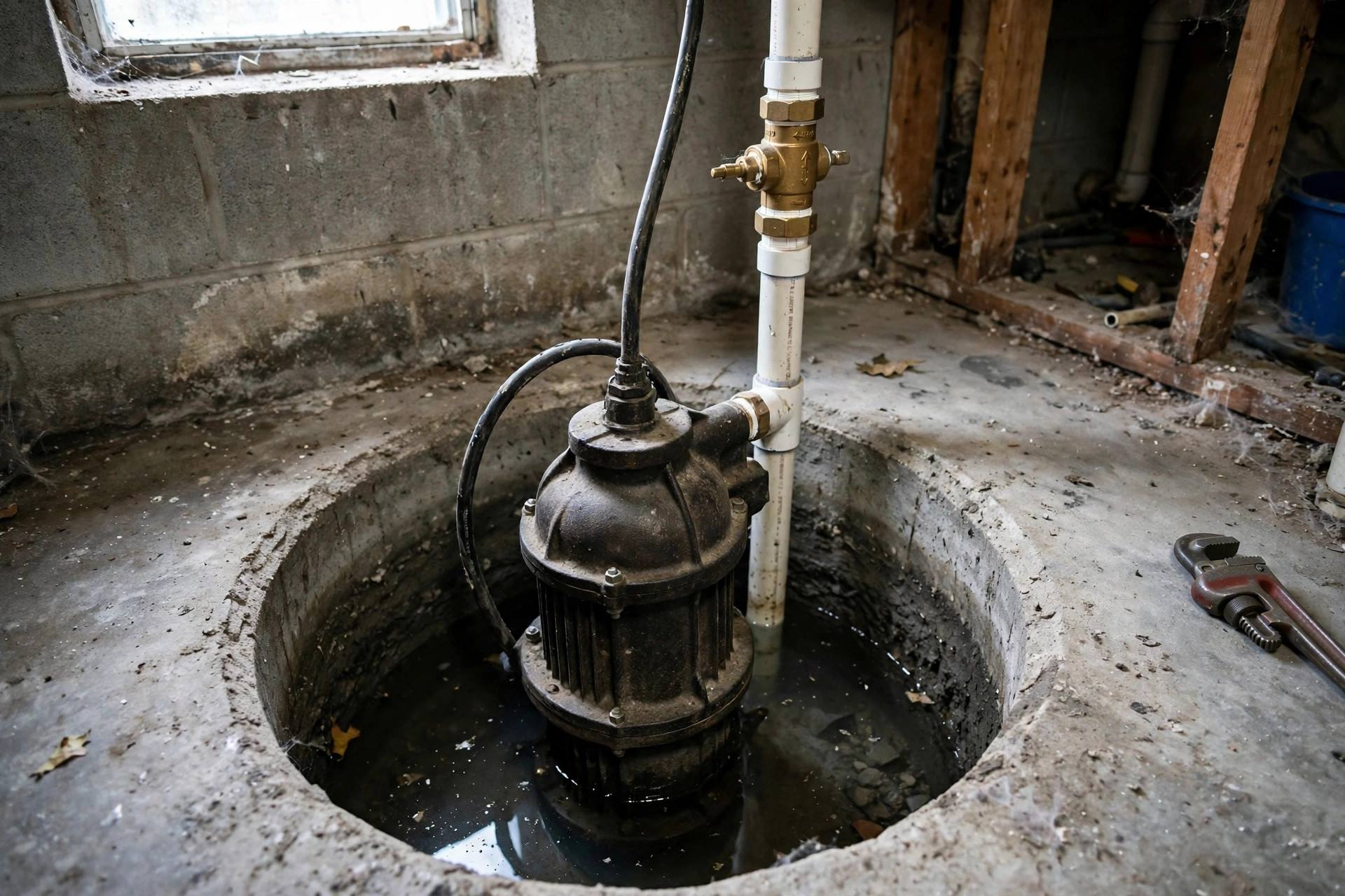 Heavy-duty cast-iron submersible sump pump in a basement pit with discharge pipe and check valve